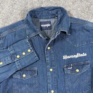 Wrangler Shirt Small Blue Homestate Denim Western Cotton Long‎ Sleeve Flaw Men's
